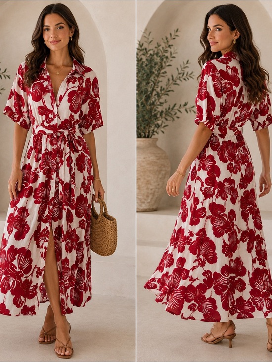 H&M Dresses & Skirts - H&M Red Floral Button Down Dress Hawaiian Vibe Boho Maxi Front Belted Dress